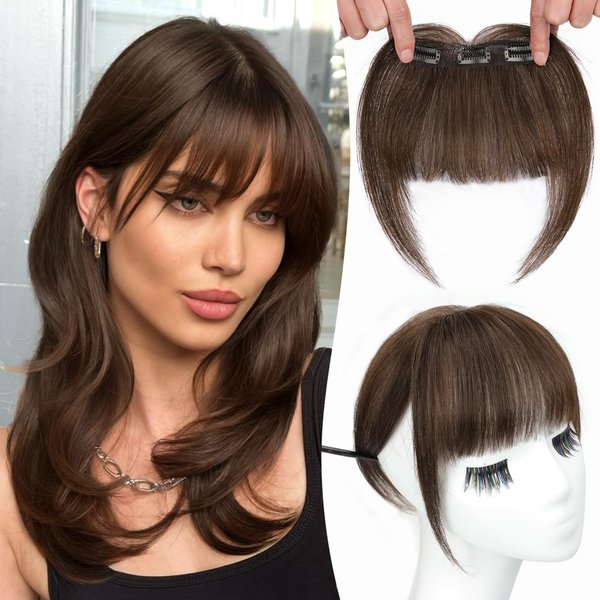 MONIXI Bangs Hair Clip in Bangs, 100% Real Human Hair Clip in Fringe, 3 Secure Clips in Full Fringe French Bangs Natural Thick Volume Fake Bangs for Women Girls Daily Wear Chocolate Brown