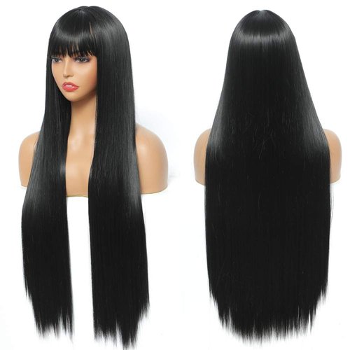 Wig with Bangs Long Black Wigs for Women 30 Inch Synthetic Straight Hair, Cosplay Costume Party Daily Wear