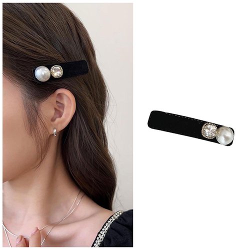 Iaceble Black Velvet Snap Clip Hairclip Pearl Crystal Side Hairclip French Black Hair Barrette Clip Velvet Bar Hair Clips Headwear Decorative Hair Accessories for Women and Girls Headdress