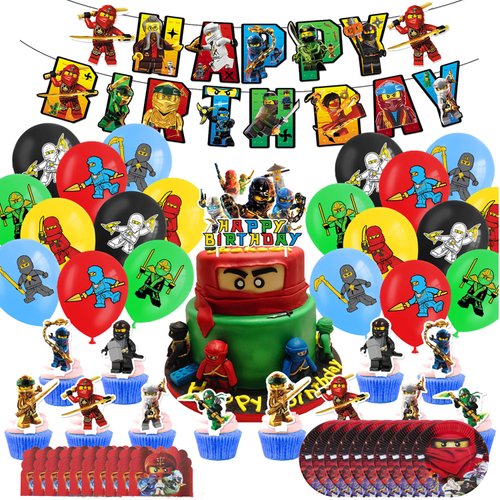 Ninja Birthday Party Decorations, Cartoon Party Supplies Include Banner, Latex Balloons, 7in Plates, Cake Cupcake Toppers, Invitation Cards for Kids Fans Birthday Party Favors