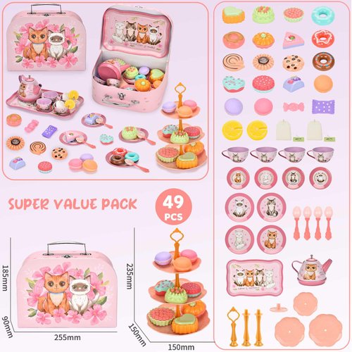 Lajeje Cat Tea Party Set for Little Girls - 49pcs Pretend Play Toy, Birthday Gift for Toddlers Ages 3 4 5 6 Year Old, Includes Kitten Tin Tea Set, Desserts, and Carrying Case, Cat Design