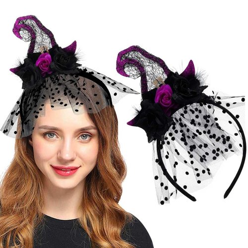 Firuilo Halloween Headband Witch Hat Hair Band Floral Lace Hair Hoop Black Spider Web Headpieces Accessories for Halloween Party Cosplay (Type A)