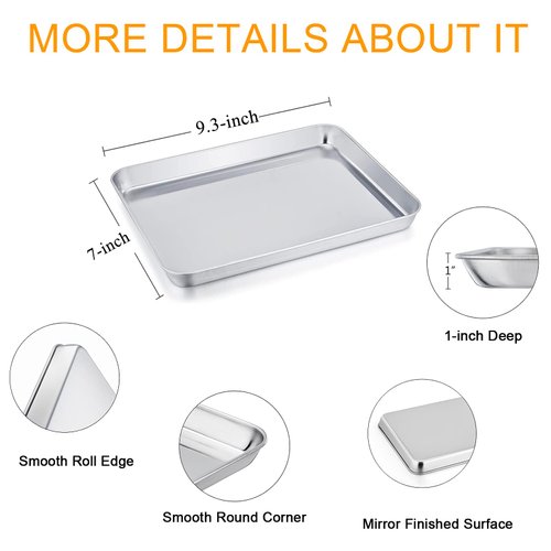TeamFar Toaster Oven Pans, 9.3'' x 7'' x 1'' Stainless Steel Compact Toaster Oven Tray Ovenware, Healthy & Durable, Roll Edge & Mirror Finish, Easy Clean & Dishwasher Safe-2 PCS