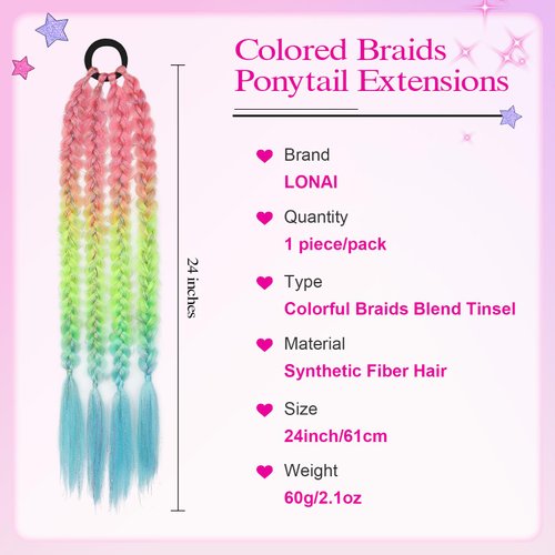 LONAI Colored Hair Extensions, 24” Colored Ponytail Extension for Women Braid Ponytail Extension with Rubber Bands Lightweight Tinsel Colorful Synthetic Hairpieces（Pink/Yellow/Blue C96）