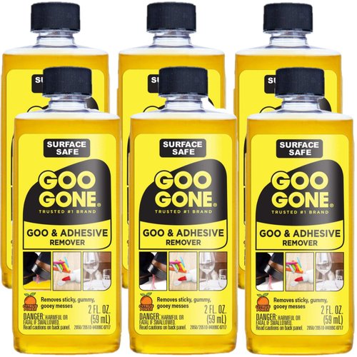 Goo Gone Original - 2 Ounce - Surface Safe Adhesive Remover Safely Removes Stickers Labels Decals Residue Tape Chewing Gum Grease Tar - Pack of 6