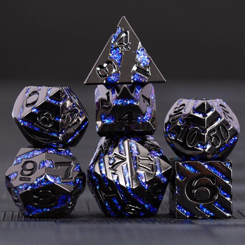 Metallic Glitter Stripes D&D Dice Set,7 PCS Polyhedral Dice Set with Gift,RPG Metal Dice Set Dungeons and Dragons Tabletop Game (Black Nickel Sapphire Blue)