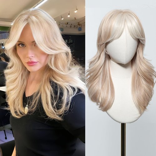 testar Blonde Wigs With Bangs Platinum Blonde Wigs for White Women Shoulder Length Wavy Wigs Natural Synthetic Hair Wig for Party Daily Use 20IN