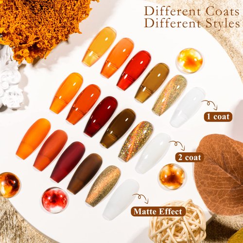 MSRUIOO Jelly Crystal Gel Nail Polish Translucent Tortoise Shell Nails Red Coral Caramel Orange Amber Brown Grey Fall Colors and Cat Eye Gel Polish Soak Off UV LED Manicure Art 6 Colors Gift Box
