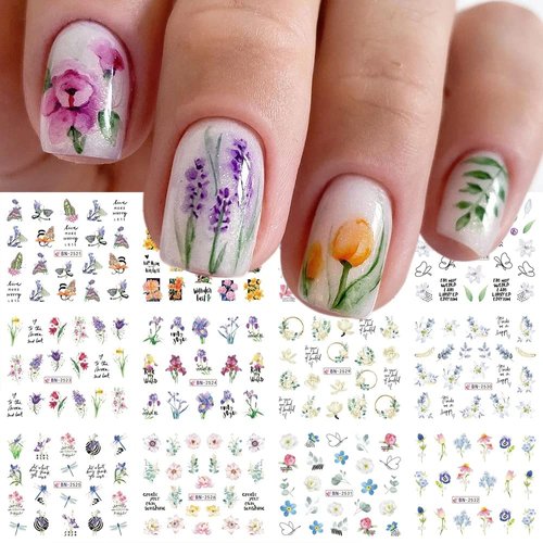 Flower Nail Art Stickers, Flower Nail Decals Water Transfer Nail Art Supplies Summer Lily Orchid Butterfly Small Floral Flowers Colorful Designs Floral Nail Tattoo Stickers for Women Girls(12Sheets)
