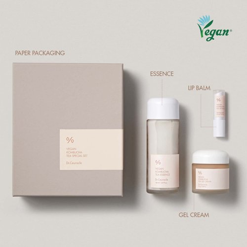 leegeehaam Dr.Ceuracle Vegan Kombucha Tea Special Set - Korean Hydrating and Nourishing Skincare Gift Set included Essence, Gel Cream, Lip Balm