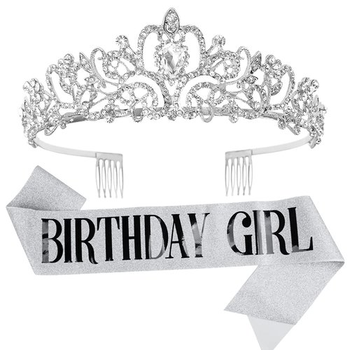 Birthday Crowns for Women, Didder Silver Crystal Tiara & Birthday Girl Sash Kit, Tiaras and Crowns for Women Girls Elegant Princess Crown with Combs Birthday Sash For Women Wedding Gift Bridal Party