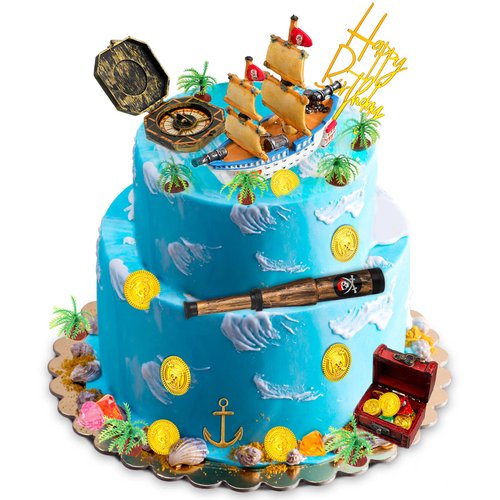 32 Pcs Pirate Ship Cake Topper Nautical Sailboat Model Decoration Set Gold Coins Pirate Gems Treasure Telescope for Pirate Birthday Party Supplies