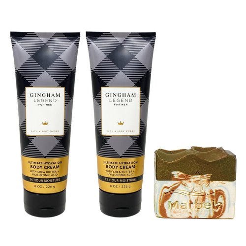 Bath & Body Works Men's Collection Gingham Legend - 2 Pack Of Body Cream with a Cabin Spice Bar Soap.