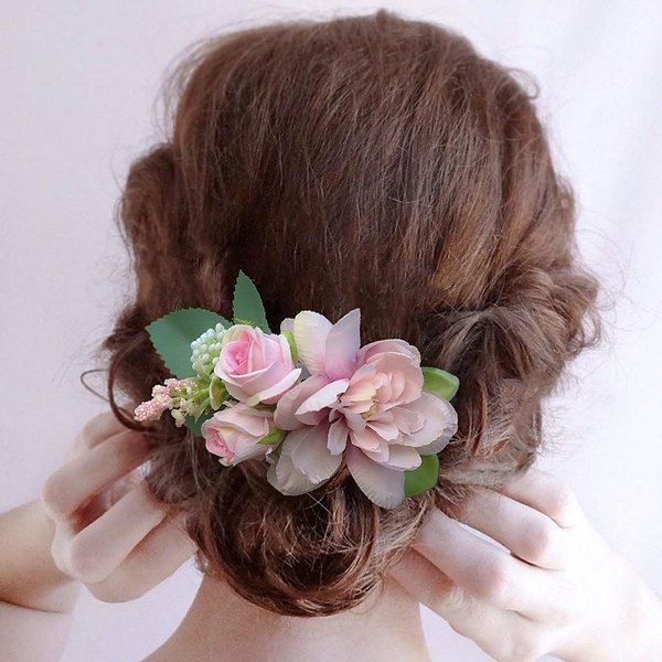 Fangsen Silver Boho Pink Rose Bud Floral Hair Comb Wedding Hair Accessories Floral Hair Piece Bridesmaid Hair Barrette Prom Flower Girl