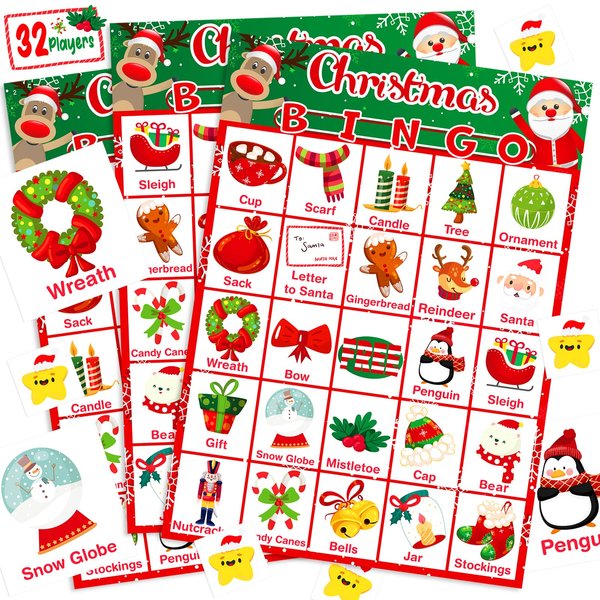 YEGEER Christmas Bingo Game Card for Kids, 32 Players Christmas Party Favor for Kids Adults Christmas Bingo for Family School Classroom Games Activities