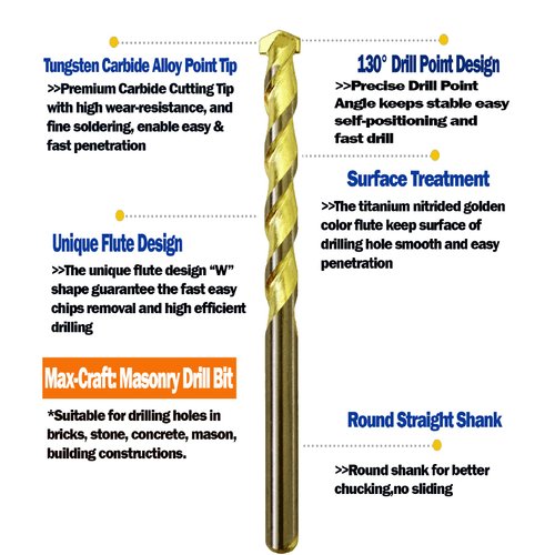 Masonry Drill Bit Set 1/8 in. Carbide Tip Golden Flute Drill Concrete Rock-10Pcs