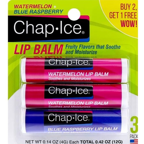 Chap Icee Lip Balm, Crazy Flavors (Watermelon & Blue raspberry), 3 pack each 0.14 oz