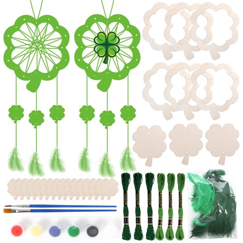 CINAFOOK 6 Pack St. Patricks Day Dream Catcher Craft Kit for Kids Paint You Own Four Leaf Clover Dream Catcher Ornaments DIY Coloring Wooden Craft for Art Activity St.Patrick's Day Decoration
