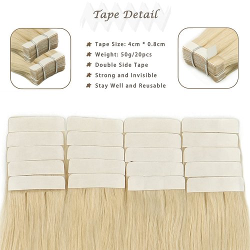 Hair Extensions Tape 50g 20pcs 16 Inch Bleach Blonde Soft Tape in Human Hair Extensions Real Human Hair Remy Hair Extensions Silky Straight Human Hair Extensions Invisible Tape Natural Hair