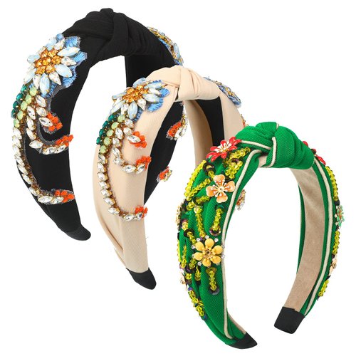 Giegxin 3Pcs Rhinestone Crystal Wide Headbands, Handmade Knot Vintage Women Headband Wide Hairbands Hair Hoops for Women Girls Hair Accessories, 3 Colors