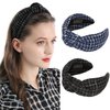 QIANXUAN Black Fabric Headbands For Women Top Knotted Headbands For Women Top Knot Headband Plaid Elegant Twill Woolen Cloth Hairband Classic Houndstooth lattice Hair Accessories Girls