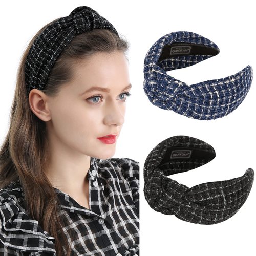 QIANXUAN Black Fabric Headbands For Women Top Knotted Headbands For Women Top Knot Headband Plaid Elegant Twill Woolen Cloth Hairband Classic Houndstooth lattice Hair Accessories Girls