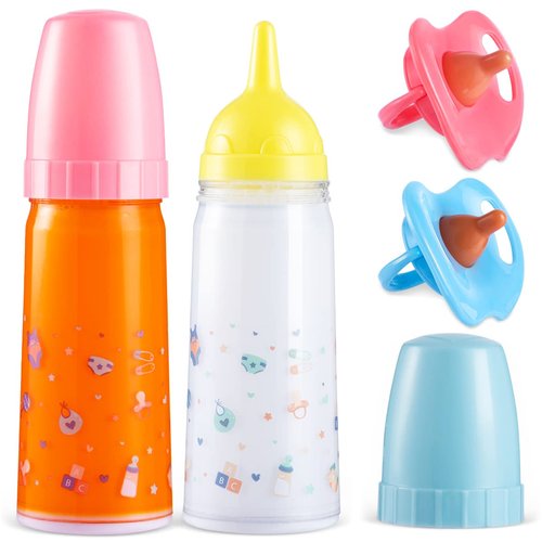 JOYIN Doll Magic Bottle Set, 2 Disappearing Magic Milk & Juice Bottles with Caps and 2 Toy Pacifiers Baby Doll Accessories Feeding Set Stuff for Girls Christmas Birthday Gift