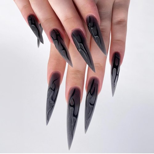 Halloween Press on Nails Long Fake Nails Black Stiletto Nails with Flame Design Full Cover Acrylic Nails Reusable Artificial Nails Stick on Nails Glossy Glue on Nails for Women Cosplay Manicure 24Pcs