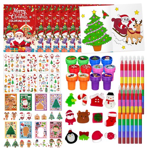Cinrobiye 72 Pieces Merry Christmas Party Favors Max Holiday Coloring Books Tattoo DIY Sticker Stampers Class Reward Prizes for Christmas Holiday Winter Party Supplies