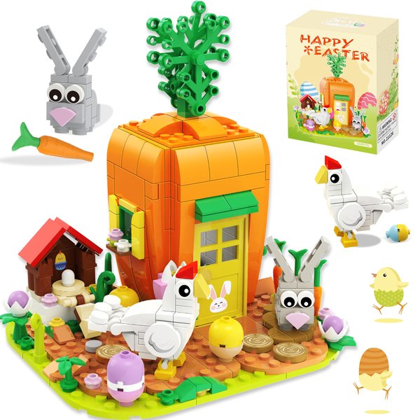 Bestbase Easter Bunny Carrot House Building Blocks Kit - 394 Pcs Easter Toys Easter Eggs Toy Building Sets, Easter Gifts for Kids Easter Basket Stuffers Easter Egg Fillers for Boys/Girls Age 6+