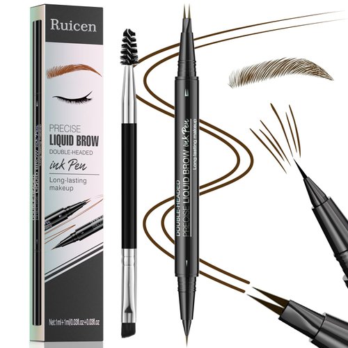 Eyebrow Pen - Eyebrow Pencil, Brow Pencil 2-in-1 Dual-Ended Microblading Eyebrow Pen with Micro-Fork-Tip and Precise Brush-Tip Create Natural Hair-Like Brows, Last All-Day, Dark Brown