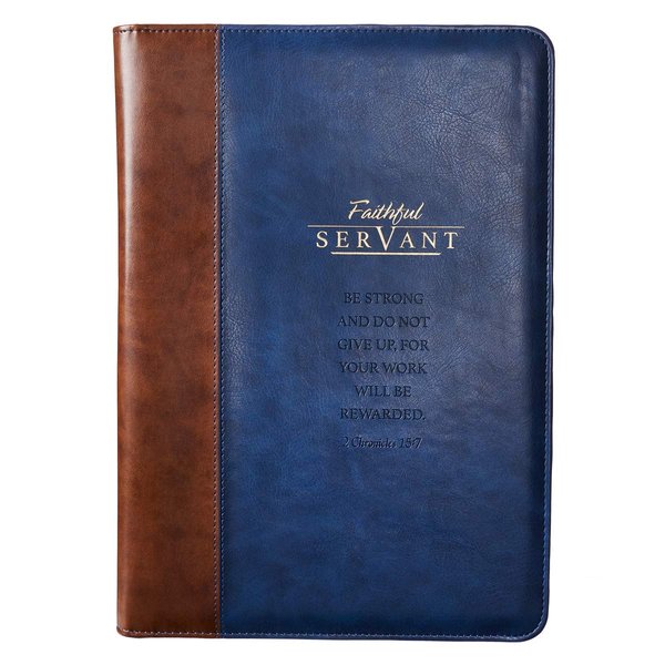 Christian Art Gifts Faithful Servant 2 Chronicles 15:7 Zippered Brown Faux Leather Padfolio/Portfolio Folder Notepad with Single Pen with Highlighter Tip for Notes