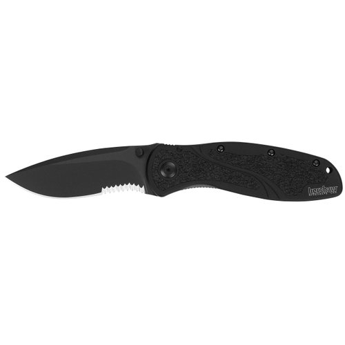 Kershaw Blur,Black Serrated(1670BLKST); Folding Knife with All-Black Body,Partially Serrated 3.4” 14C28N Steel Blade,Anodized Aluminum Handle with Trac-Tec Grip,Reversible Pock lip; 3.9OZ