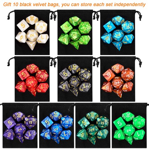 10 X 7 Polyhedral Dice Set (70 Pieces) for Dungeons and Dragons DND RPG MTG Table Games D4 D6 D8 D10 D% D12 D20 with 10 Pack Black Bags, 10 Colors