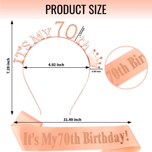 ACO-UINT 70th Birthday Crown for Women, Cute Birthday Sash & Birthday Headband for Women Set, Sweet Birthday Headband 70th Birthday Decorations Birthday Gifts for Women