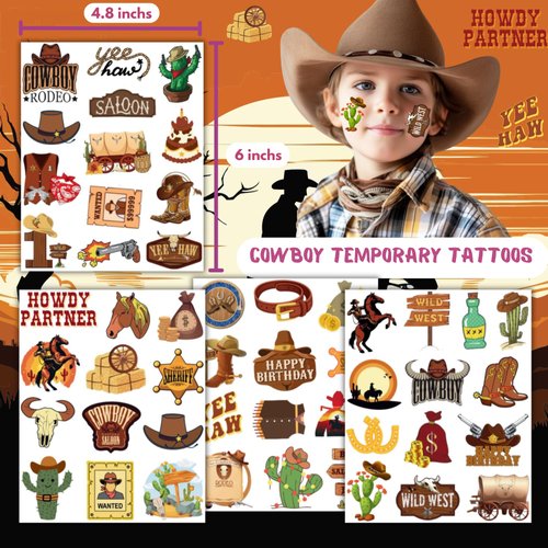 Cowboy Temporary Tattoos- 50PCS Western Cowboy Party Favors Themed Birthdays Party Supplies Decorations Western Baby Shower Decor Cool Wild Western Rodeo Pattern Girls Boys Gifts