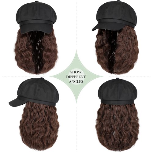Lansigreen Newsboy Cap with Hair Extensions Short Curly Wavy Bob Hairstyle Wig Hat Beret 8 Panel Attached 14" Synthetic Hairpiece for Women Medium Brown