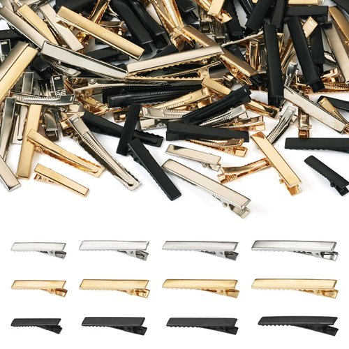 Beadthoven 120pcs Assorted Alligator Hair Clips for Hair Bows, Silver Gold Black Metal Hair Clips Kit Duck Bill Hair Clips with Teeth Flat Single Prong Hairpins for Hairbow DIY Accessories Women