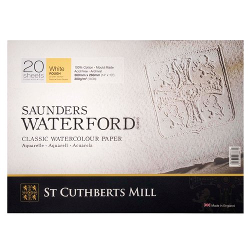 St. Cuthberts Mill Saunders Waterford Watercolor Paper Block - 14x10-inch White 100% Cotton Watercolor Paper - 20 Sheets of 140lb Rough Watercolor Paper for Gouache Ink Acrylic Charcoal and More