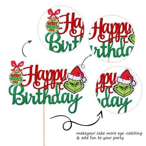 1 PCS Glitter Grinch Happy Birthday Cake Topper Assembled Merry Christmas Grinch Cake Pick for Christmas Theme Baby Shower Kids Birthday Party Cake Decorations Supplies