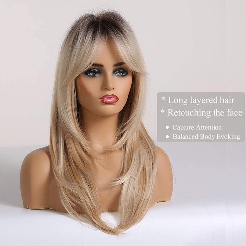 Esmee 20 Inches Long Straight Blonde with Dark Roots Layered Synthetic Hair Wigs for Women Daily Party Use.