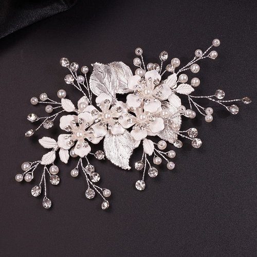 Teyglen Dainty Bridal Flower Hair Clip Hairpin Gold Leaf Crystal Pearl Hair Barrette Handmade Wedding Hair Piece Hair Accessories for Women Bride Girls (Silver)