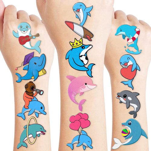 96 PCS Funny Ocean Dolphin Temporary Tattoos Sticker Blue Under The Sea Animal Fish Dolphin Birthday Party Decorations Supplies Favors Gifts Boys Girls Baby Shower Cute Tattoo School Reward Themed