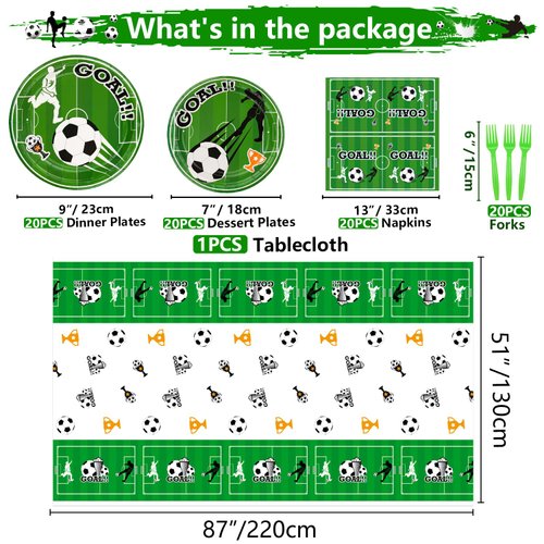 Soccer Party Supplies for 20 Guests, Disposable Tableware Set includes Soccer Paper Plates, Tablecloth, Napkins and Forks for Boys Sports Theme Birthday Party Baby Shower Party Decorations