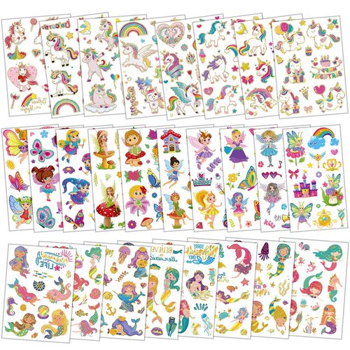 Temporary Tattoo Kids - 260+ Styles (26 Sheets) 16 Sheets Gold Foil Styles Tattoos, Mermaid Unicorn Butterfly Fairy Temporary Tattoos Perfect for Kids Gifts