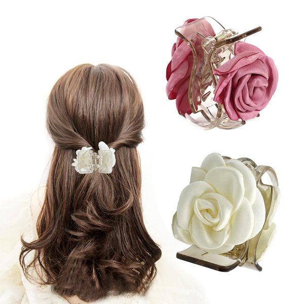 2Pcs Flower Hair Claw Camellia Claw Clips Small Flower Claw Clips for Half Updo Ponytail Flower Hair Clips for Women Girls