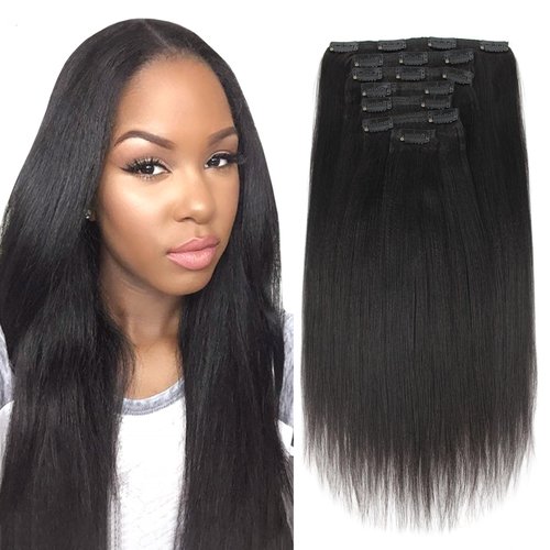 ABH AMAZINGBEAUTY HAIR Clip ins Yaki Straight Hair Extensions for Black Women Real Brazilian Human Hair Yaki Clip ins 16 Inch Clip in Hair Extensions Real Human Hair Natural Black 120G 7Pcs