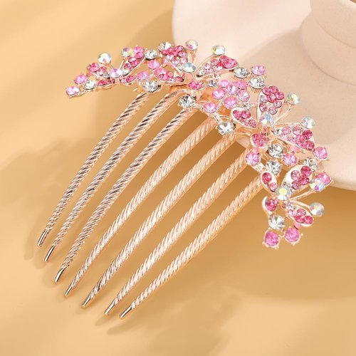 Chargances Bridal Butterfly Rhinestone French Hair Comb Sparkly Flower Crystal Inlaid Hair Combs with Long Teeth Wedding Hair Accessories for Women (Pink)