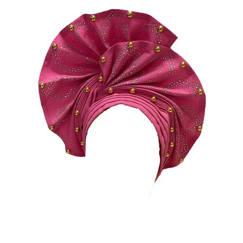 Full Season Auto Aso Oke Gele Headtie Head Wrap Beautiful With Stones Hard Auto Turban Cap Bandanas For Ladies Party Or Wedding (Pink)