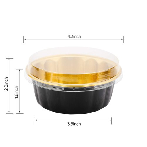 Beasea Disposable Ramekins with Lids, 8 oz 50 Pack Black Gold Aluminum Foil Cups, Disposable Creme Brulee Muffin Cupcake Baking Cup Mini Pudding Cups for Party Wedding Birthday